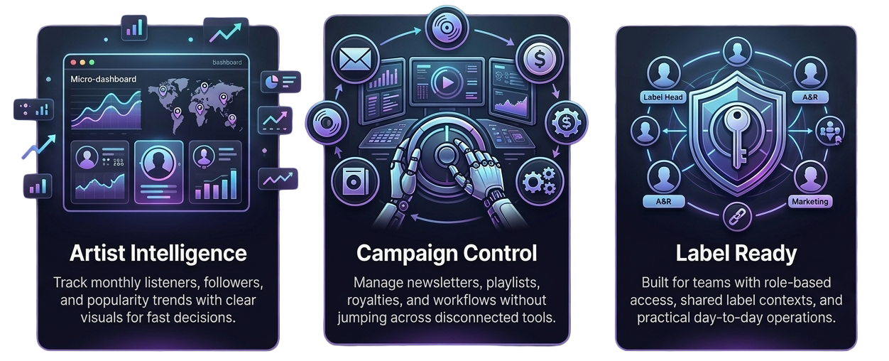 The Label Manager infographic showing how artists, releases, playlists, campaigns and newsletters are connected in one system
